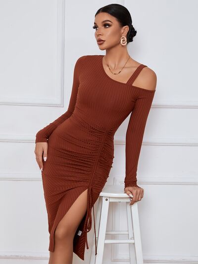 Ribbed Ruched Drawstring Wrap Dress